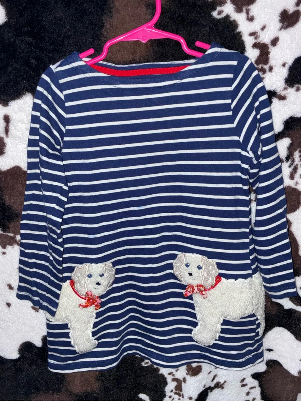 NWOT Mini Boden navy/white stripe dress with 2 fuzzy dogs front/back design 6-7y